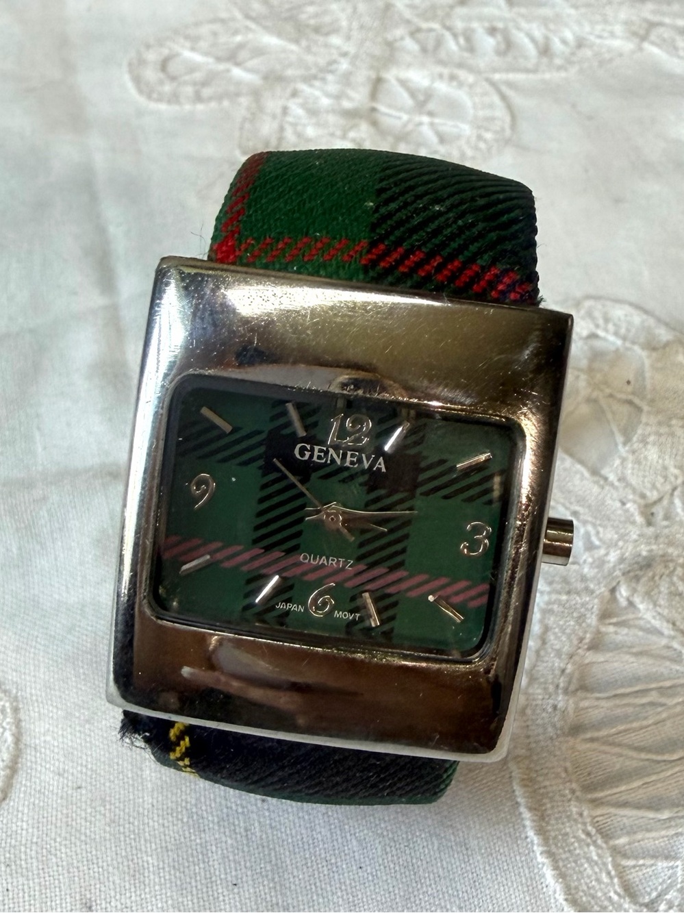 Vintage Geneva green tartan plaid silver watch cuff bracelet